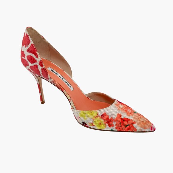 Manolo Blahnik Tayler Orange Floral Fabric D’Orsay Pumps Heels Size 40 US 10 - Picture 11 of 13